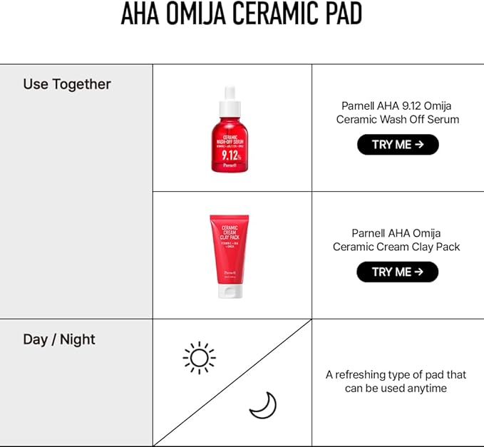 Parnell AHA 9.12% Omija Ceramic Peeling Pads (60 Count) | Gentle Daily Exfoliating Toner Pad with LHA PHA Vitamin C | Smooth Glowing Korean Skin Care