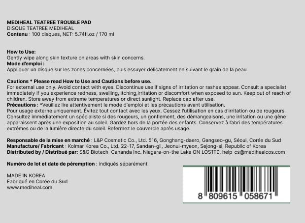 MEDIHEAL Teatree Trouble Facial Toner Pads with Tea Tree & Lactobacillus - Calming & Soothing for Sensitive & Acne Prone Skin - Vegan Face Gauze, 100 Pads