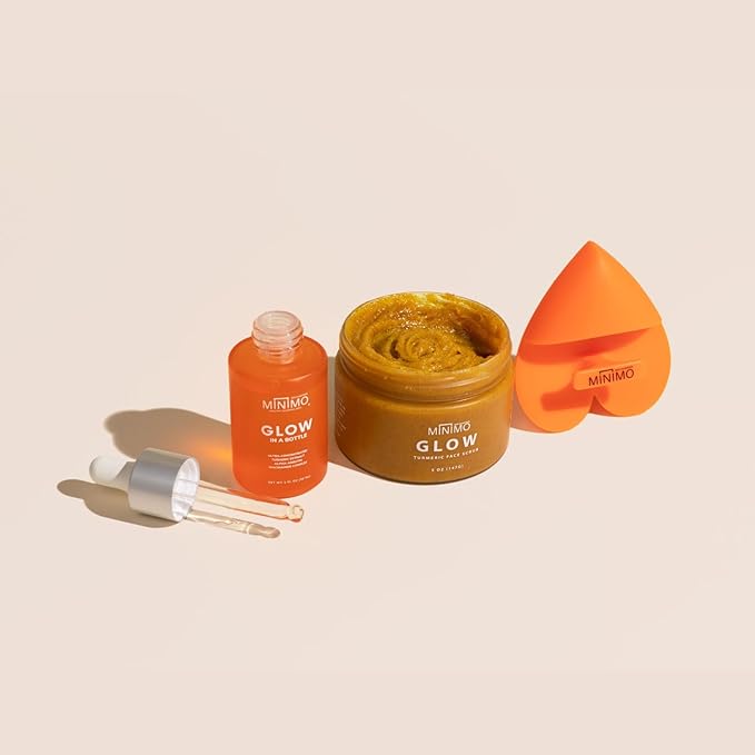 Minimo Skin Essentials Glow on Glow Combo Pack: Glow Turmeric Face Scrub (5 oz) + Glow in a Bottle Ultra-Concentrated Turmeric Serum (1 oz)