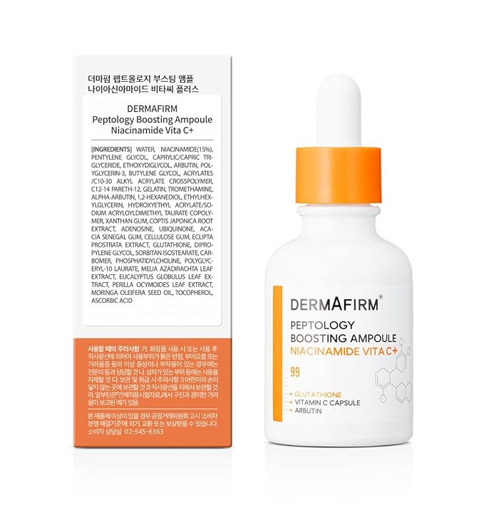 DERMAFIRM Peptology Niacinamide Vitamin C Ampoule - GLASS SKIN with 15% Niacinamide Brightening Ampoule with Glutathione for Dark Spot Correction & Radiance Boost - Korean Skincare 30ml