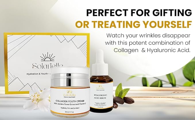 "SOLARIELLE Anti-Aging Skincare Set | Hyaluronic Acid Serum & Collagen Cream | Face & Neck Duo for Wrinkle Reduction | Natural Peptide Formula"