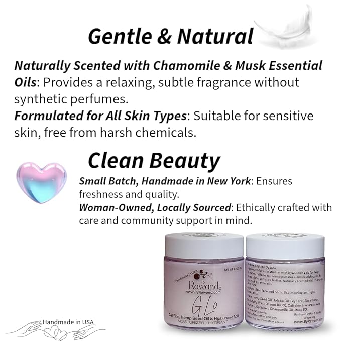 Gl0 Caffine Face Cream & Moisturizer Reduce Eye Puffiness and Pigmentation with Caffeine, Hemp Seed Oil and Hyaluronic Acid, Handmade in USA