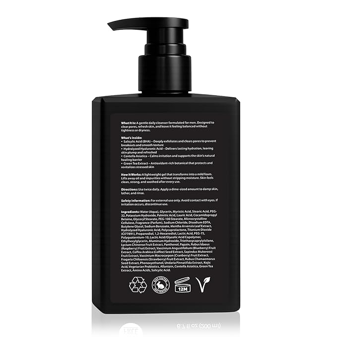 Men’s Facial Cleanser – Gentle Exfoliating & Deep Cleansing Face Wash for Dry, Sensitive, Oily & Acne-Prone Skin – Daily Hydrating Skincare with Salicylic Acid, Green Tea & Amino Acids – 6.7 oz