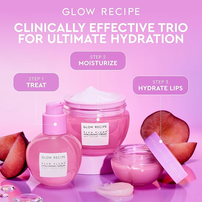 Glow Recipe Double the Plump Korean Skin Care Gift Set - Hyaluronic Acid Whipped Gel Face Cream, Moisturizer Refill Pod + Travel Size Plum Plump Serum for Hydrating Dry Skin (3 Count)