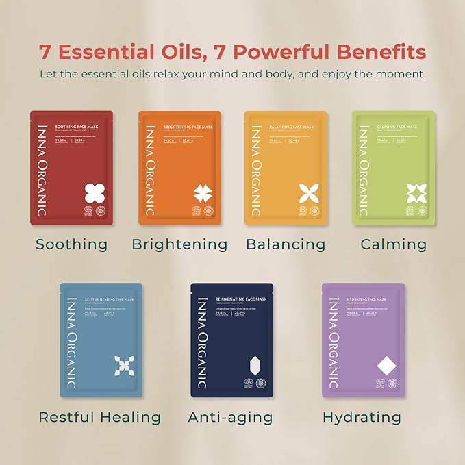 INNA ORGANIC Sheet Mask - After sun care & Soothing|EWG & COSMOS certified (Pack of 3) | Rose Geranium Essential Oils Infused Skin Care | Luxury Clean Beauty