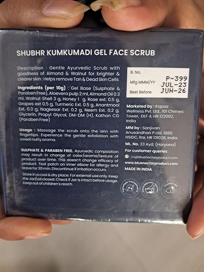 Blue Nectar Kumkumadi Gel Scrub | Non-Drying Face Scrub for Glowing Skin and Tan Removal | Plant Based Vitamin E | with Almond, Turmeric and Walnut, (10 Herbs, 1.76 fl oz)