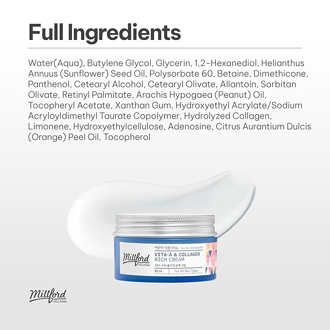 Vita A & Collagen Rich Cream 80ml/2.7 Oz, Fish/Marine Collagen, Face Cream, Anti Aging, Facial Moisturizer, Wrinkes, Fine Lines, Retinyl Palmitate, Korean Skincare