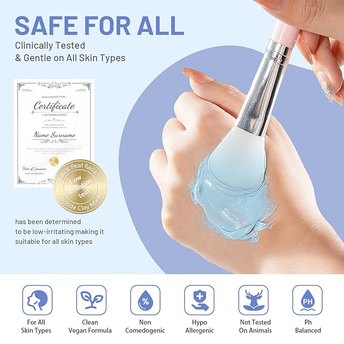 Large Kaolin Clay Face Mask, 15 Minutes Visible Pore Purifying and Skin Glowing Blue Mud Masks with Pearl and Niacinamide, Brush Included, 5.3 oz