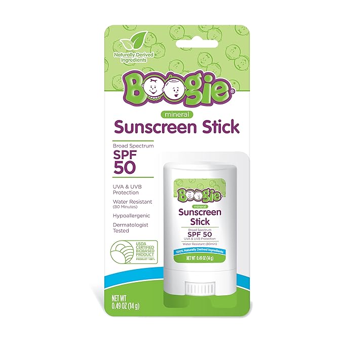 Baby Sunscreen Stick by Boogie Block, Mineral Sunscreen SPF 50, Travel Size Sunblock for Kids, Zinc Oxide, Water Resistant, Vegan, Fragrance Free Pack of 3