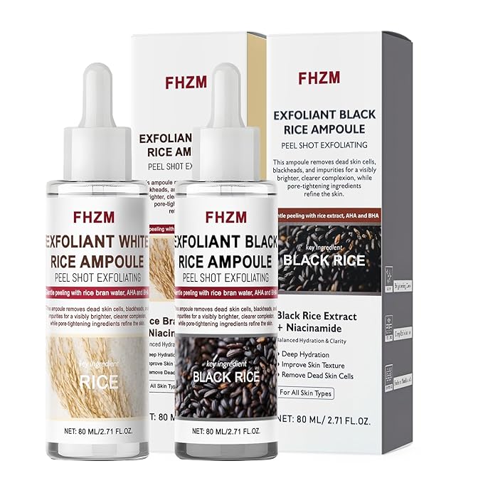 2PCS Rice Exfoliating Ampoule Set – Black & White Rice Dual Brightening Treatment | Gentle Enzyme Peel + Hydration Boost for Glowing Skin | Pore Refining & Dark Spot Care (1)