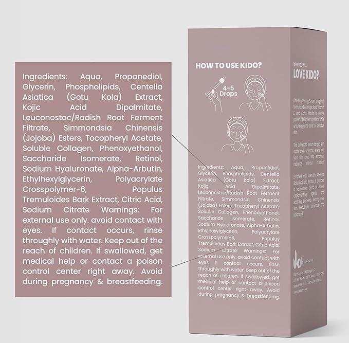 KIDO Brightening Serum - Reduces Dark Spots, Evens Skin Tone, Hydrates Deeply, Non-Irritating Formula, Kojic Acid, Alpha Arbutin, Retinol Serum for Face, Centella Asiatica, & Vitamin E