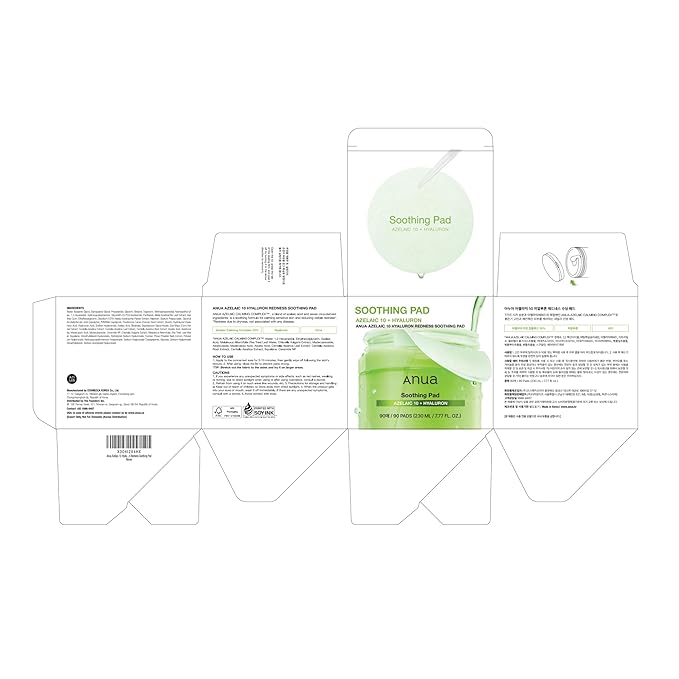 Anua Azelaic 10 Hyaluron Redness Soothing Pad, Troubled & Spot Care with Korean toner pads, Quick & Easy Stretchable Facial Mask with Azelaic acid, Hyaluronic Acid, Korean Skin Care (90 pads)