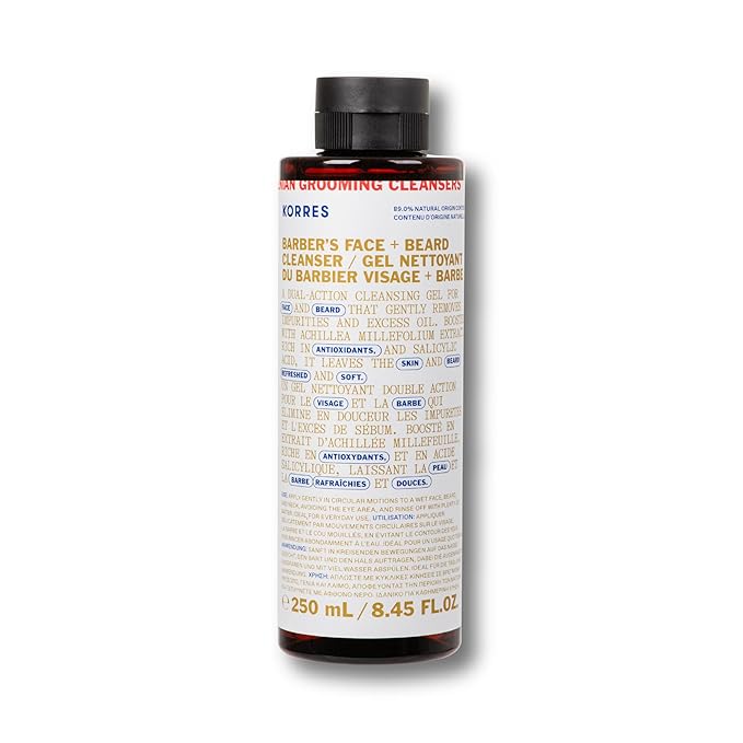 KORRES Athenian Grooming Cleansing Gel for Face & Beard, Deep Cleanser with Achillea Millefolium Extract & Salicylic Acid, Removes Oil & Dirt, Vegan, Silicone & Paraben Free, Matte Finish, 8.45 Fl Oz