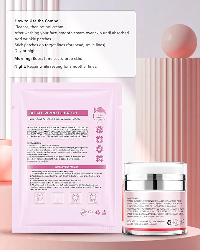 Forehead Wrinkle Patches & Smile Line Patches, Overnight Facial Wrinkle Treatment with Hyaluronic Acid, Aloe, Collagen & Vitamin E to Lift Smile Lines for Women 36pcs with Face Retinol Cream