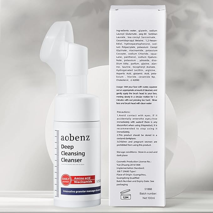 SINPIN aobenz Hydra-Purify Foaming Face Wash for Women & Men with Niacinamide, Squalane + Panthenol - Hydrating Facial Cleanser with Brush for All Skin Types | Gentle Face Cleanser for Women, 3.38FL