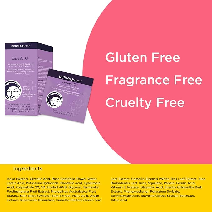 DERMAdoctor Exfoliating Toner Pads - Illuminating Chemical Peel for Face - Vitamin C Glycolic, Lactic Acid - AHA & BHA Liquid Exfoliant Pore Pads for Wrinkles Uneven Skin Tone Enlarged Pores -30 Pack