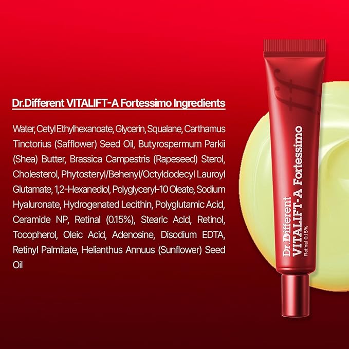 Dr.Different VITALIFT-A Fortessimo Retinal 0.15% - Clinical Grade Anti-Aging Cream for Wrinkle Reduction, Elasticity, Hydration, Lifting with Vita A, K-Skincare made by Korean Dermatologist, 1.06oz
