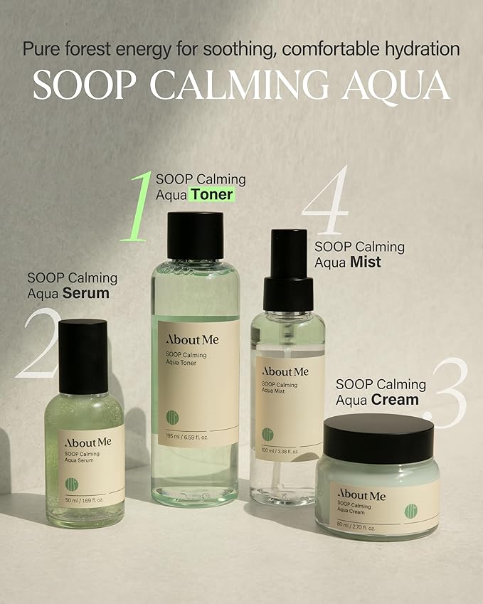 ABOUT ME SOOP Calming Aqua Toner – Korean 90.6% Jeju Cypress Water pH Balancing Toner for All Skin Types – Daily Gentle Exfoliation with Mandelic Acid & Centella – Korean Skin Care – 6.59oz, 195ml