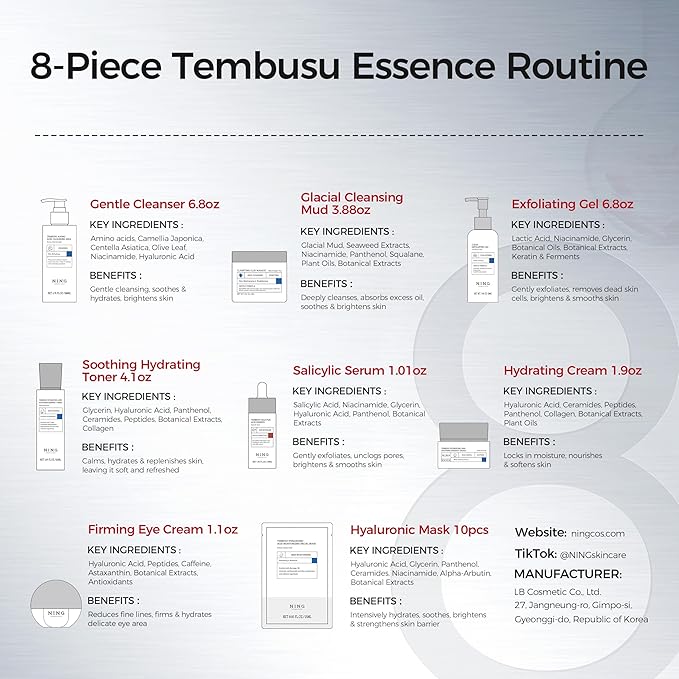 Skin Care Set – Tembusu Essence 8-Step Routine with Amino Cleanser Clay Mask Toner Salicylic Acid Serum Cream Eye Treatment – Hydrating Moisturizing Anti-Aging All Skin Types