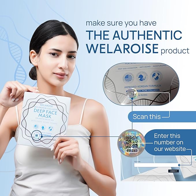 Welaroise Bio Protein Collagen Hydrogel Deep Face Mask - 35% More Collagen, Intense Hydration & Moisturization, Firming, Anti-Aging, Skin Renewal, Korean Skincare (Pack of 16)