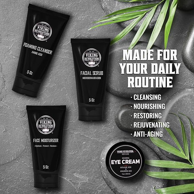 Viking Revolution Men's Facial Skin Care Kit - Includes Rejuvenating Face Moisturizer, Microdermabrasion Facial Scrub, Foaming Cleanser (5oz Each) and Eye Cream (1oz)