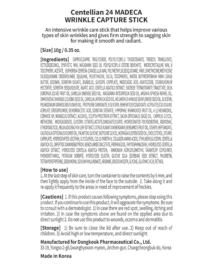 CENTELLIAN 24 Madeca Wrinkle Capture Stick (0.4oz) - Multi Balm Stick for Wrinkles & Fine Lines. Korean Skincare, Eye Cream & Moisturizer by Dongkook. Centella Asiatica, Ceramide, Collagen