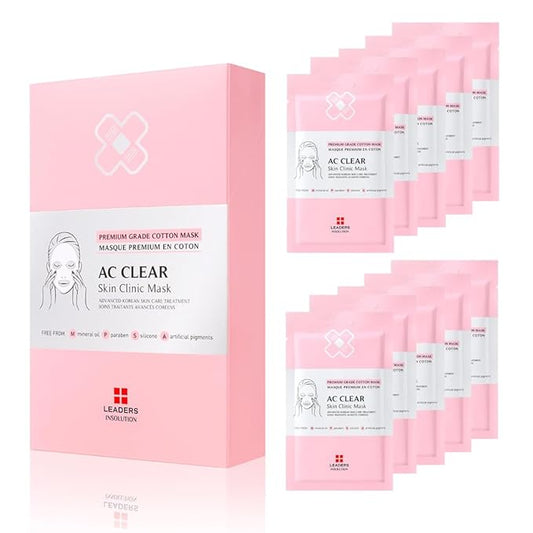 Leaders Insolution AC Clear Skin Clinic Mask | Snail Secretion & Tea Tree Oil for Acne, Redness, Oil Control | 100% Cotton Bemliese Sheet | Balances & Soothes Sensitive Skin (10 Sheets)