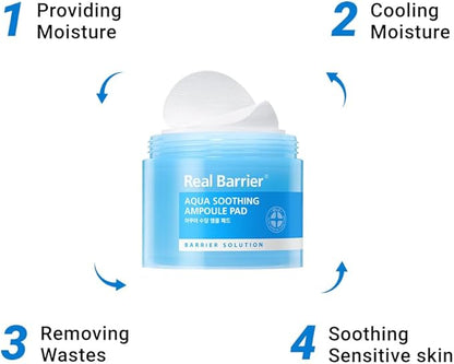 Real Barrier Aqua Soothing Ampoule Pad, 70 Pads l Hyaluronic Acid Facial Serum | Redness Relief for Sensitive Skin | Facial Moisturizer for Dry Skin| Calming Chamomile Extract| Korean Skincare