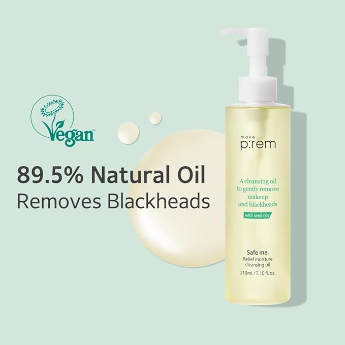 MAKE P:REM Safe Me. Relief Moisture Cleansing Oil, Deep Pore Cleansing Makeup Remover for Oily Skin, All Skin Types, Gentle Blackhead Remover, Korean Skin Care, 7.1 Fl Oz, 210ml