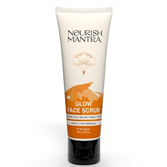 Nourish Mantra Glow Face Scrub | For Tan Removal, Gentle Exfoliation & Improved Skin Tone | Infused with Walnut Shell Powder, Alpha Arbutin, Hyaluronic Acid | All Skin Types | For Men & Women 100 ml