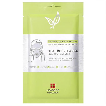 Leaders Insolution Tea Tree Relaxing Skin Renewal Mask | Soothing Facial Sheet for Acne, Oil Control, and Sensitive Skin | Hydrating Botanicals | Calms Redness, Smooth (10 Sheets)