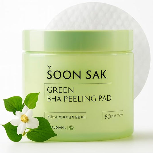 BEAUDIANI Green BHA soon sak peeling pad, 60pads, facial peel, Korean toner pads, exfoliator, pore tightening, soothing & hydrating, skincare pads, chemical peel, fruits extract