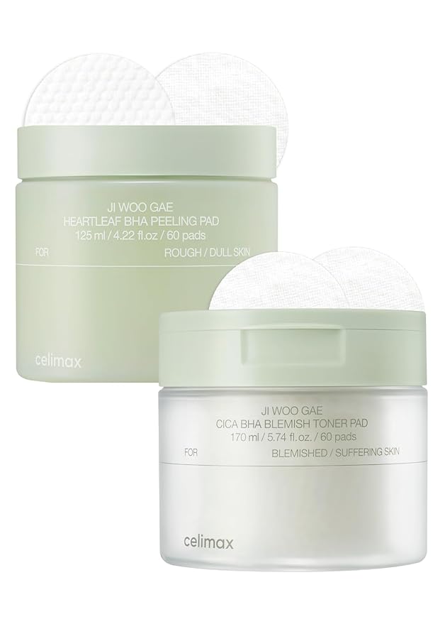 celimax Ji.Woo.Gae Heartleaf BHA Peeling Pad(60 pads) + Ji.Woo.Gae Cica BHA Blemish Toner Pad (60 Pads) Bundle
