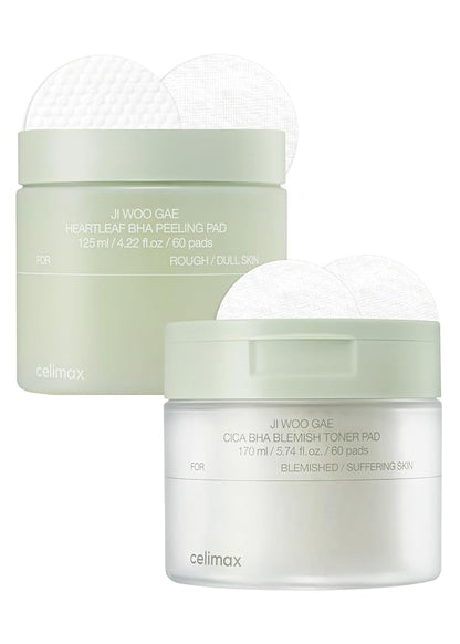 celimax Ji.Woo.Gae Heartleaf BHA Peeling Pad(60 pads) + Ji.Woo.Gae Cica BHA Blemish Toner Pad (60 Pads) Bundle