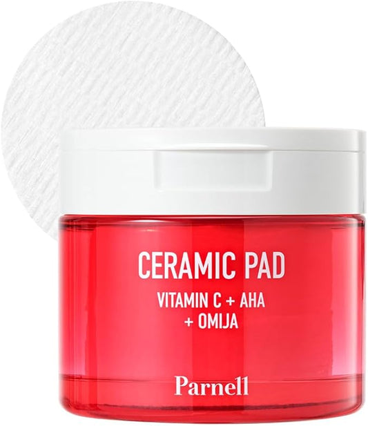 Parnell AHA 9.12% Omija Ceramic Peeling Pads (60 Count) | Gentle Daily Exfoliating Toner Pad with LHA PHA Vitamin C | Smooth Glowing Korean Skin Care