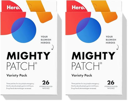 Mighty Patch™ Variety Pack from Hero Cosmetics - Hydrocolloid Acne Pimple Patches for Covering Zits and Blemishes, Spot Stickers for Face and Skin, Korean Skin Care, 26 ct (Pack of 2)