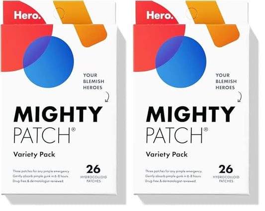 Mighty Patch™ Variety Pack from Hero Cosmetics - Hydrocolloid Acne Pimple Patches for Covering Zits and Blemishes, Spot Stickers for Face and Skin, Korean Skin Care, 26 ct (Pack of 2)