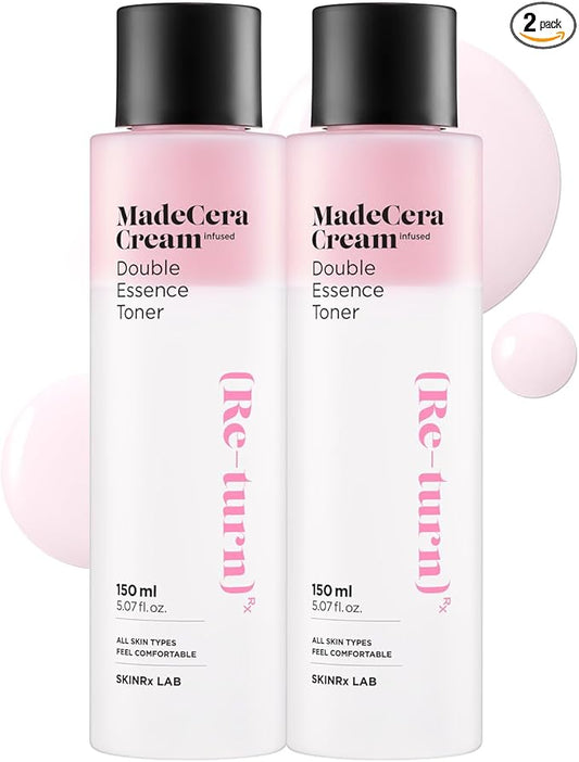 SKINRxLAB MadeCera Cream Double Essence Korean Toner 2 Pack - Hydrating and Soothing Toner with Milk Protein, Ceramide, Beta-Glucan - Moisturizing Strawberry Milky for Irritated Skin