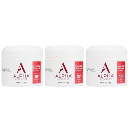 Alpha Skin Care Essential Renewal Cream, 10% Glycolic AHA, Anti-Aging Formula, Reduces Lines & Wrinkles, Hydroxy Acid Exfoliates for Smoother Skin, Normal, Sensitive or Dry Skin, 2 Oz, Pack of 3