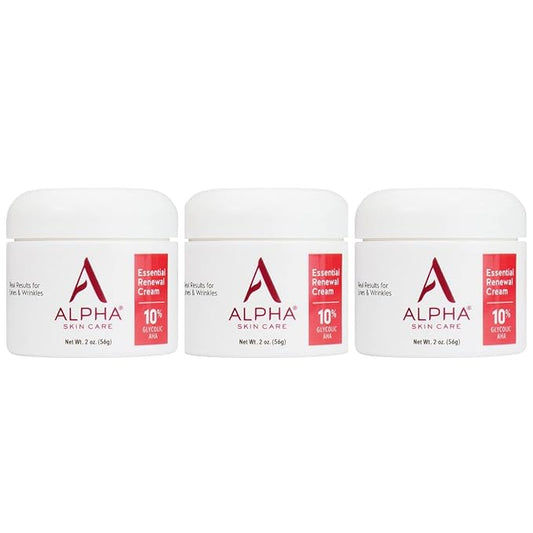 Alpha Skin Care Essential Renewal Cream, 10% Glycolic AHA, Anti-Aging Formula, Reduces Lines & Wrinkles, Hydroxy Acid Exfoliates for Smoother Skin, Normal, Sensitive or Dry Skin, 2 Oz, Pack of 3