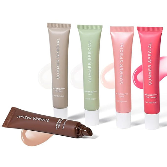 5-Color Lip Balm Butter Set-With Shea Butter&Avocado Oil Natural Ingredients, Lightweight&Non-Sticky, Instant Hydration, 5 Shades (Vanilla/Mint/lced Coffee/Cake/Guava), Natural Scent Ideal for Gifting
