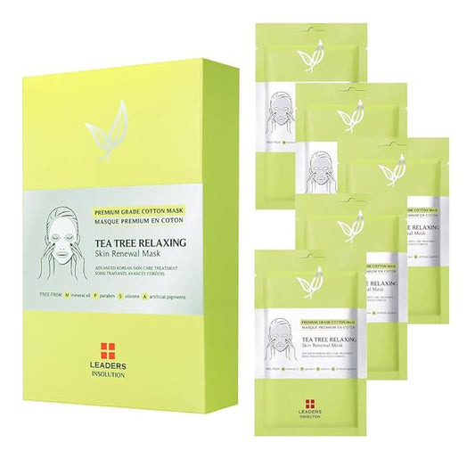 Leaders Insolution Tea Tree Relaxing Skin Renewal Mask | Soothing Facial Sheet for Acne, Oil Control, and Sensitive Skin | Hydrating Botanicals | Calms Redness, Smooth (5 Sheets)