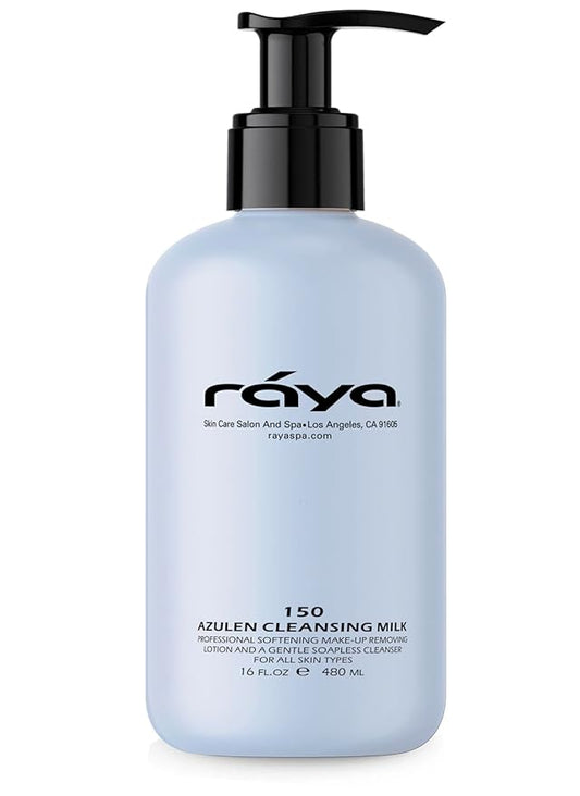 Raya Azulen Facial Cleansing Milk 16 oz (150) | Calming and Refining, Soap-Free Fluid Cleanser and Make-Up Removing Lotion | Made with Azulene Extract and Aloe Vera | Great for Sensitive Skin