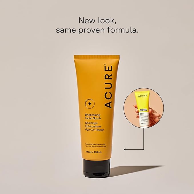 Acure Brightening Facial Scrub - Exfoliating Face Wash, Gentle Daily Scrubber & Exfoliator for Women & Men for Radiant Skin, Cleansing Wash with Sea Kelp & French Green Clay - 4 fl oz (2 Pack)