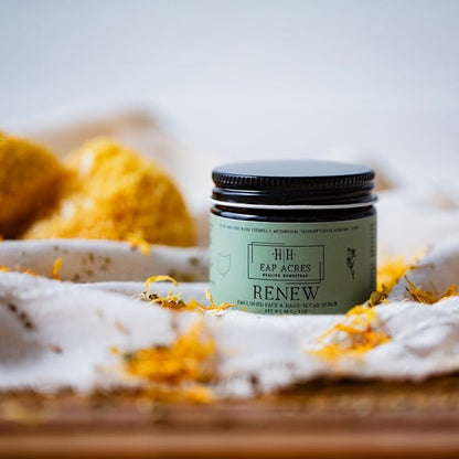 Emulsified Face Sugar Scrub, Organic squalane oil/Castor oil: Tremella Mushroom/Chamomile/Gotu Kola/Calendula/White Kaolin Clay, Manuka Honey-Gentle exfoliant-Dry/Sensitive/Mature skin (RENEW)