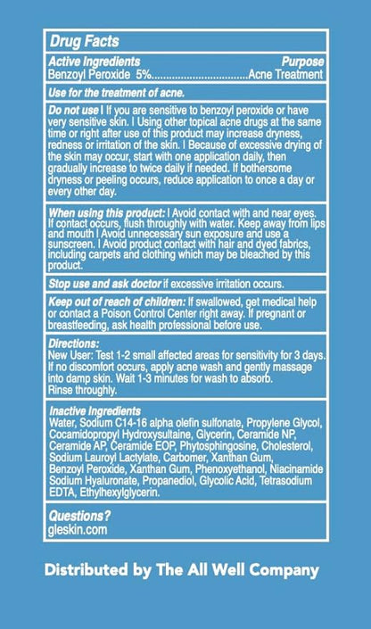 Gle Clean Acne Foaming Wash Face, Skin, Back and Body - 6.7 Fl Oz - Dermatologist-Tested Non-Foaming Cleanser - Vegan, Cruelty-Free