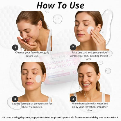 Glycolic Acid Pads for Face – Exfoliating Pads with Salicylic Acid, Niacinamide (B3), Alpha Arbutin, Vitamin B5 & B8 – Toner Pad for Clear Pores, Improve Texture, Even Skin Tone – 70 Count