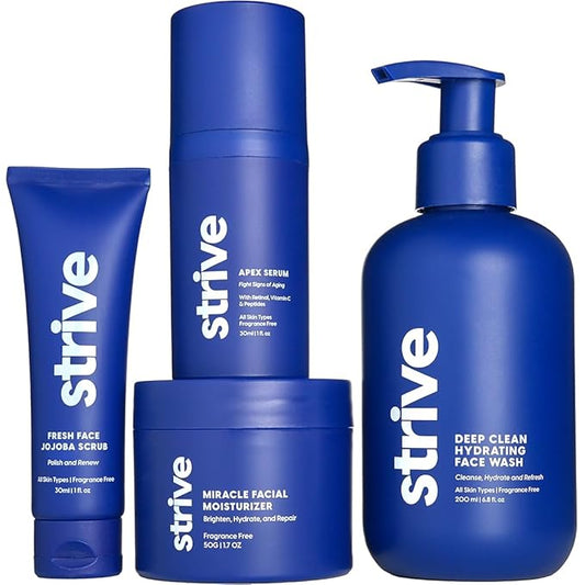 Strive Apex Skin Care Set - Advanced Anti Aging - Fragrance Free, All Skin Types, Fights Dark Circles Dull Skin - Peptides, Retinal, Vitamin C, Niacinamide (Face Wash, Scrub, Moisturizer, Serum)