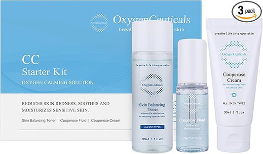 OxygenCeuticals CC Starter Kit – Skin Balancing Toner 30ml + Couperose Fluid 15ml + Couperose Cream 30ml, Redness-Relief & Sensitive Skin Soothing Skincare Set