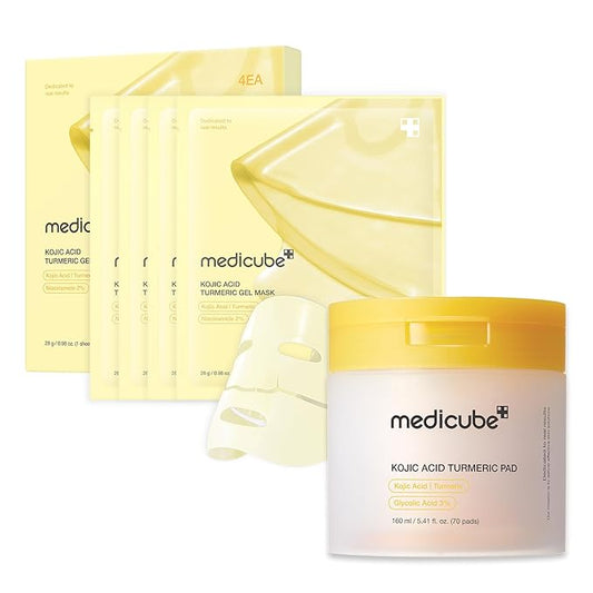 medicube Day & Night Kojic Acid Duo: Kojic Acid Turmeric Brightening Gold Jelly Gel Mask and Kojic Acid Turmeric Clarifying Toner Pad